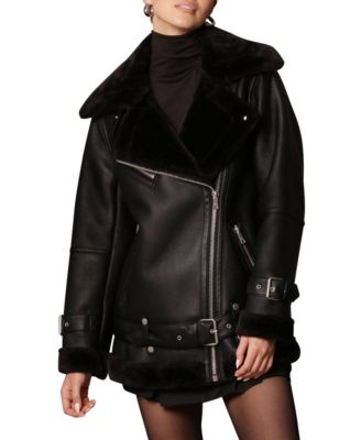 Avec Les Filles - Women's Oversized Faux-Fur-Trim Moto Jacket