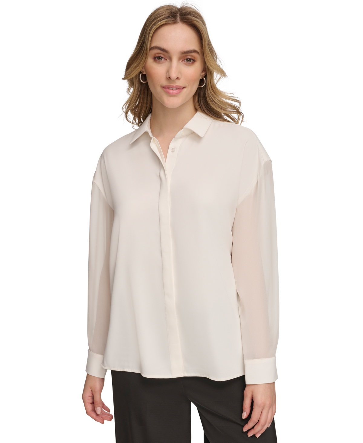 Calvin Klein Women's Chiffon Sleeve Button Down Blouse In Soft White