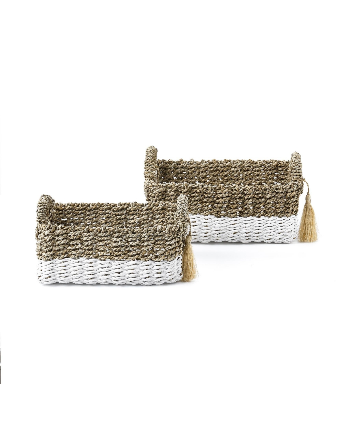 Baum 2 Piece Large Rectangular Sea Grass And Raffia Bins Set With Ear Handles And Single Tassel In Natural And White