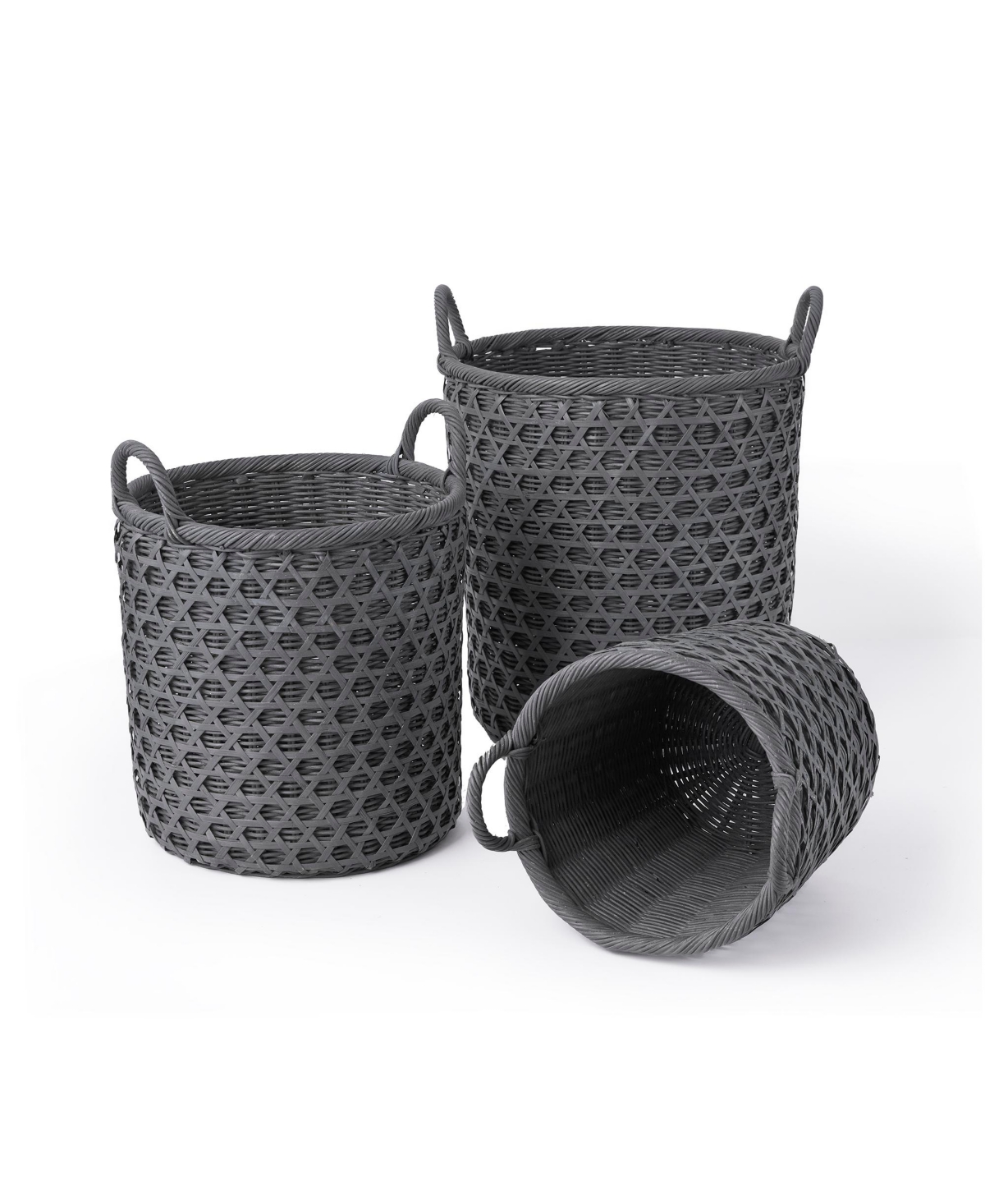 3 Piece Round Rattan and Bamboo Caning Basket Set with Ear Handles - Gray