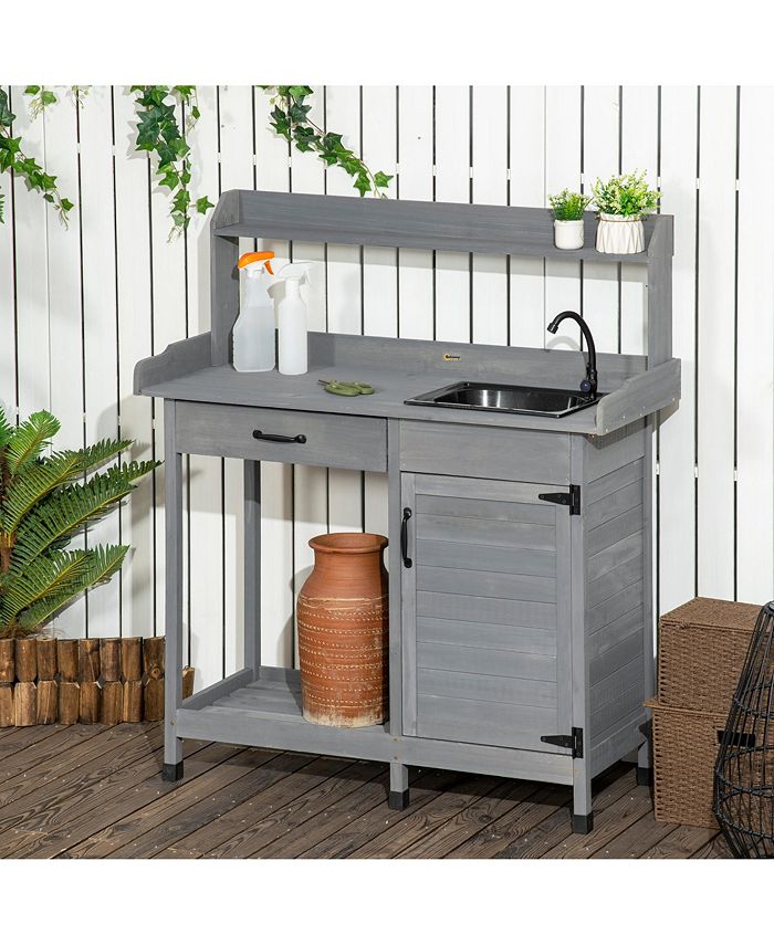 Outsunny Potting Bench Table with Faucet, Sink, Hooks and Storage