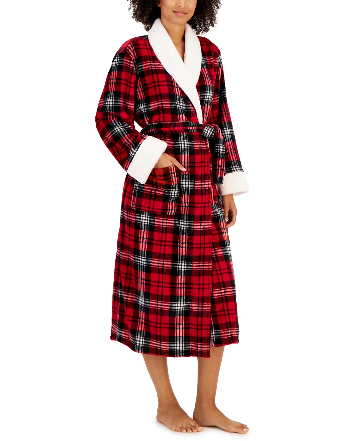 Women's Long-Sleeve Plaid Self-Tie Robe, Created for Macy's - Pink Plaid