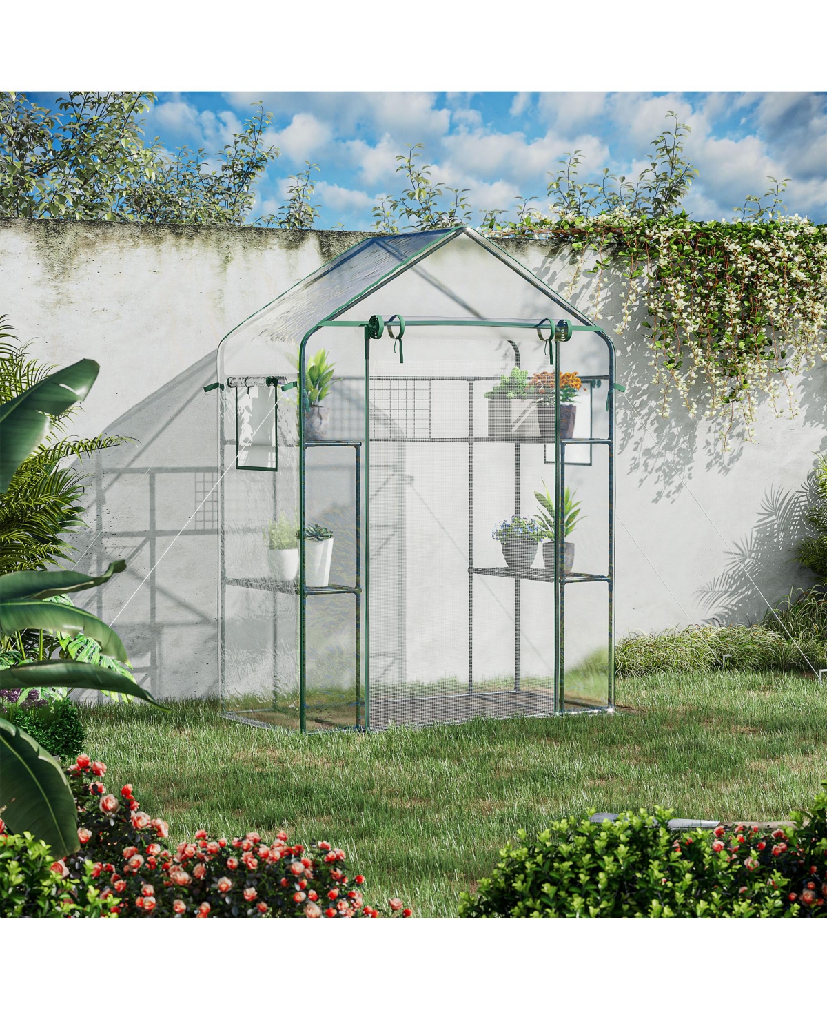 Outsunny Outdoor Walk-in Mini Greenhouse with Mesh Door & Windows, Portable Garden Hot House with 6 Shelves, Trellis, & Plant Labels