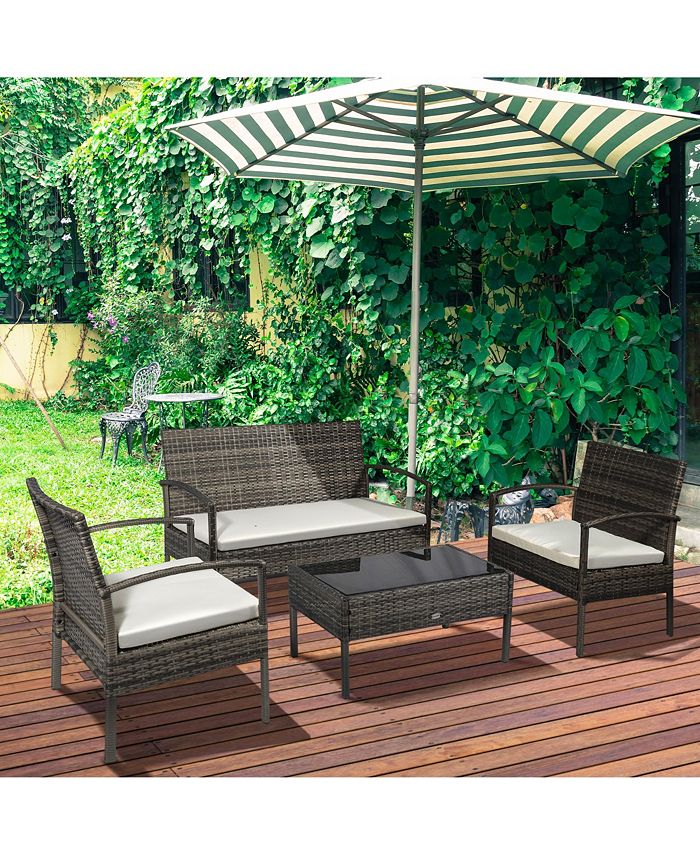 Outsunny Patio Porch Furniture Sets 4PCS Rattan Wicker Chair w/ Table