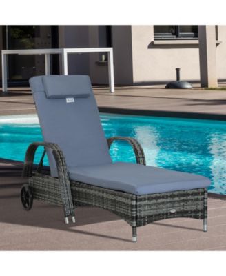 Reclining Chaise Lounge Chair, Thickly Cushioned, Headrest, Armrests, Rolling Outdoor Plastic Rattan Sun Bathing Chair with Wheels for Poolside, Pool, Patio, Grey