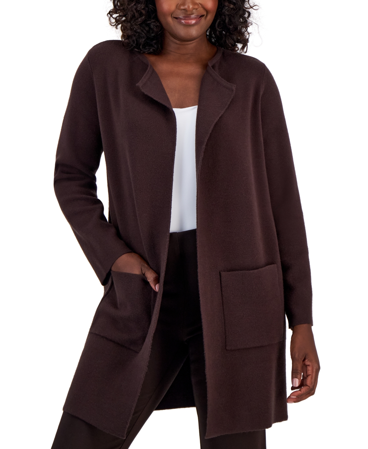 Jm Collection Petite Winged-collar Open-front Cardigan, Created For Macy's In Rich Truffle