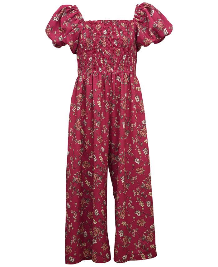 Bonnie Jean Big Girls Puff Sleeve Smocked Printed Crepe Jumpsuit - Macy's