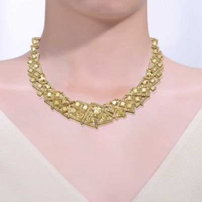 Mesmerizing 3D Geometric Cluster Eternity Necklace with Graduated Basketweave Stack