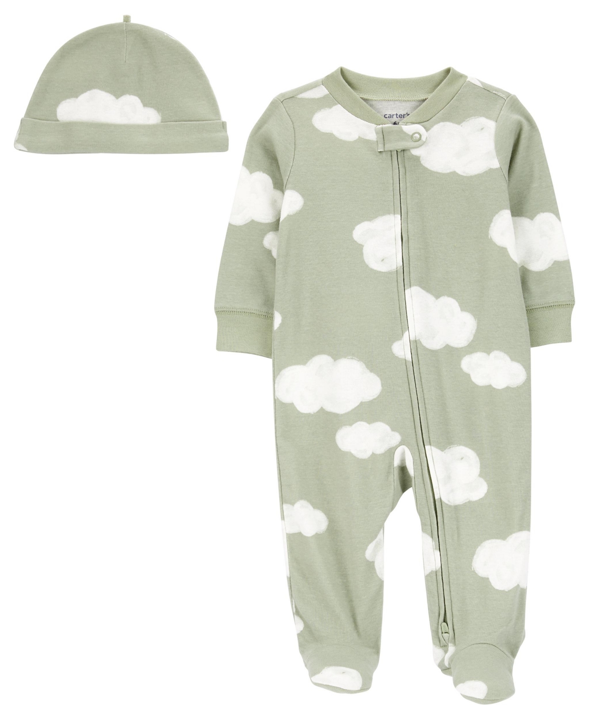 Carter's Baby Boys Or Baby Girls Cloud Zip Up Sleep And Play And Cap, 2 Piece Set In Green