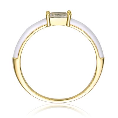 Kids/Teens 14k Gold Plated with Baguette Cubic Zirconia Solitaire White Enamel Slim Stacking Ring