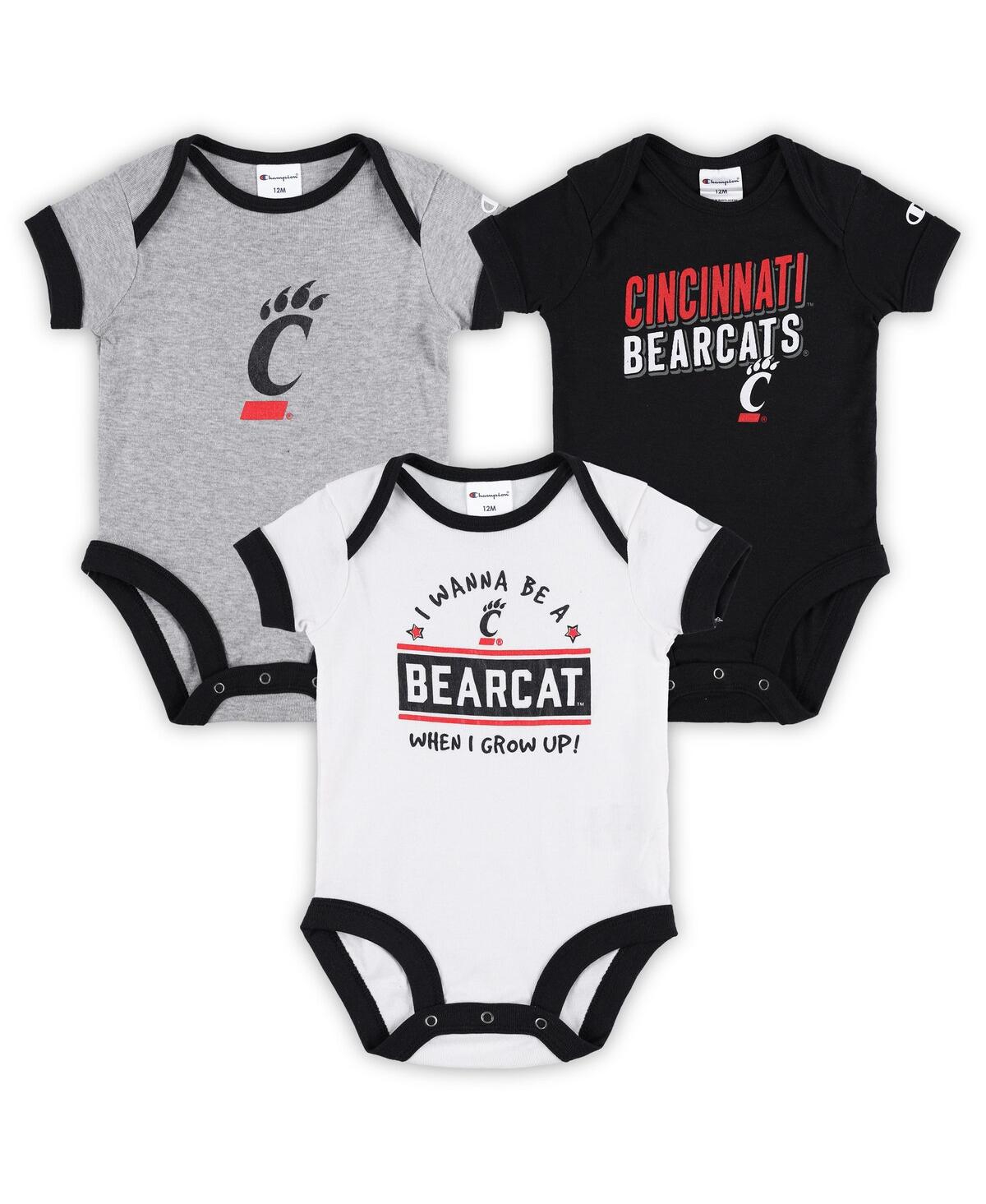 Champion Babies' Infant Boys And Girls  Black, Heather Gray Cincinnati Bearcats I Wanna Be Three-pack Bodysui In Black,heather Gray