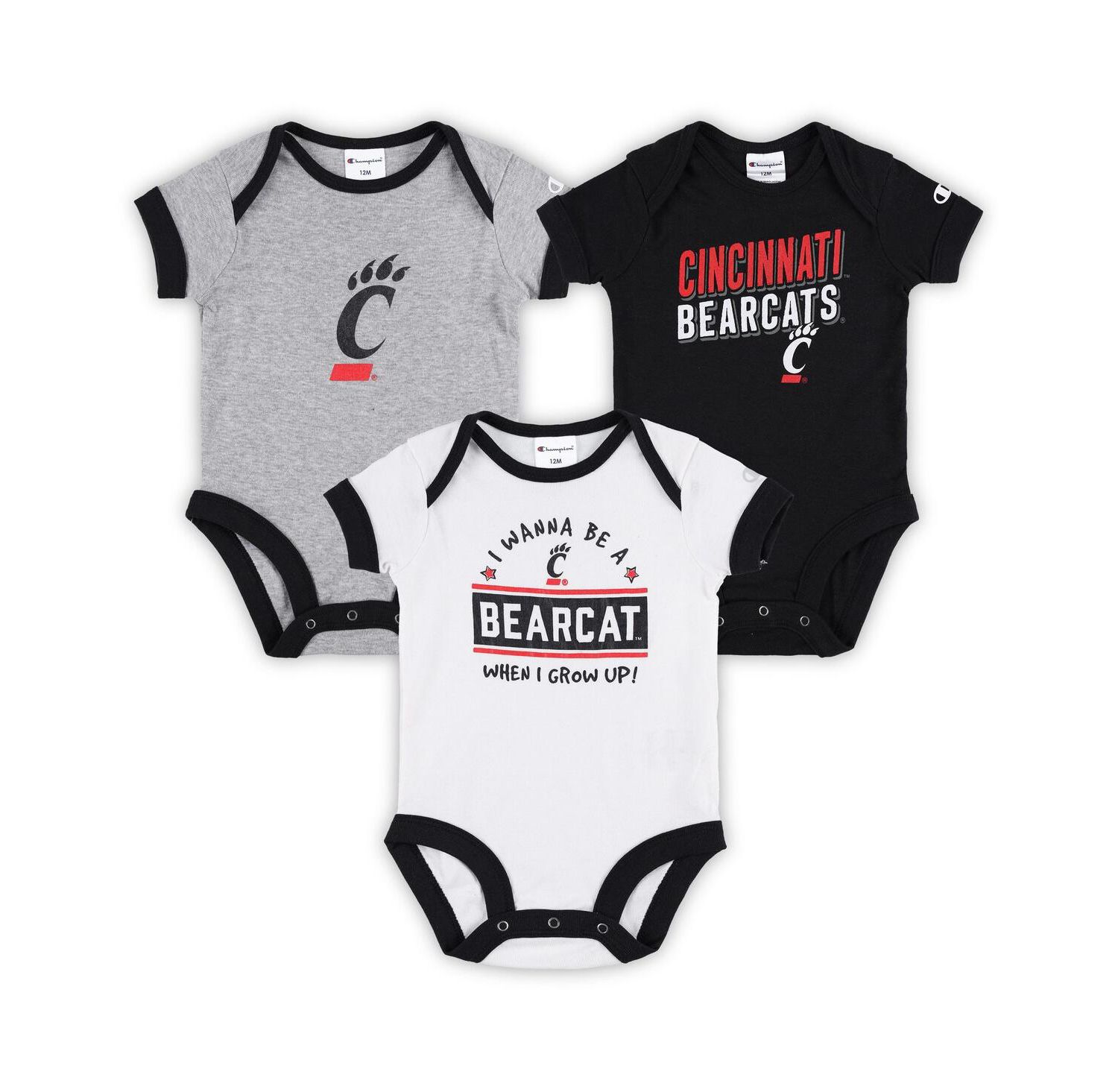 Infant Boys and Girls Black, Heather Gray Cincinnati Bearcats I Wanna Be Three-Pack Bodysuit Set