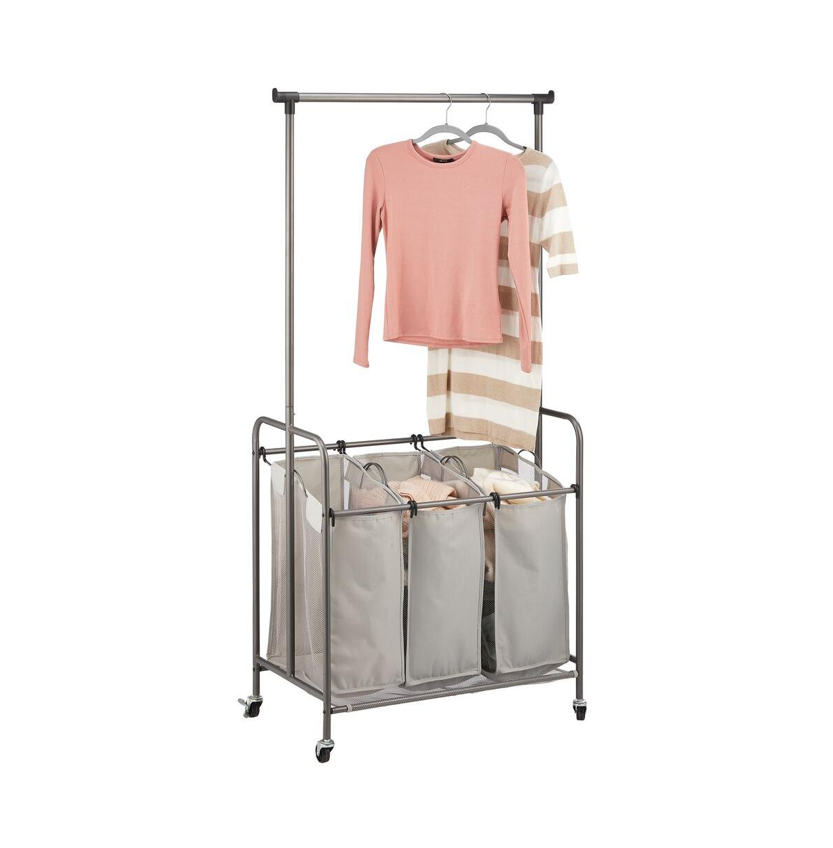 Portable Laundry Sorter with Wheels and Steel Hanging Bar - Satin/charcoal