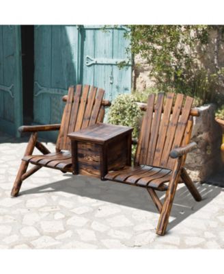 Double Adirondack Chair Loveseat w/ Table & Ice Bucket, Varnished Wood