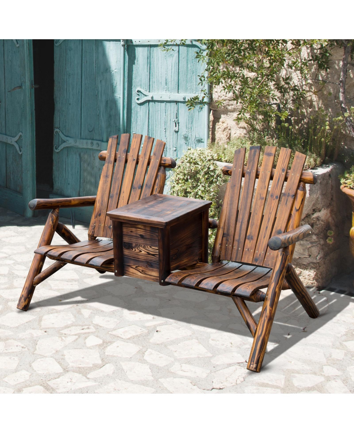 Outsunny Double Adirondack Chair Loveseat w/ Table & Ice Bucket, Varnished Wood