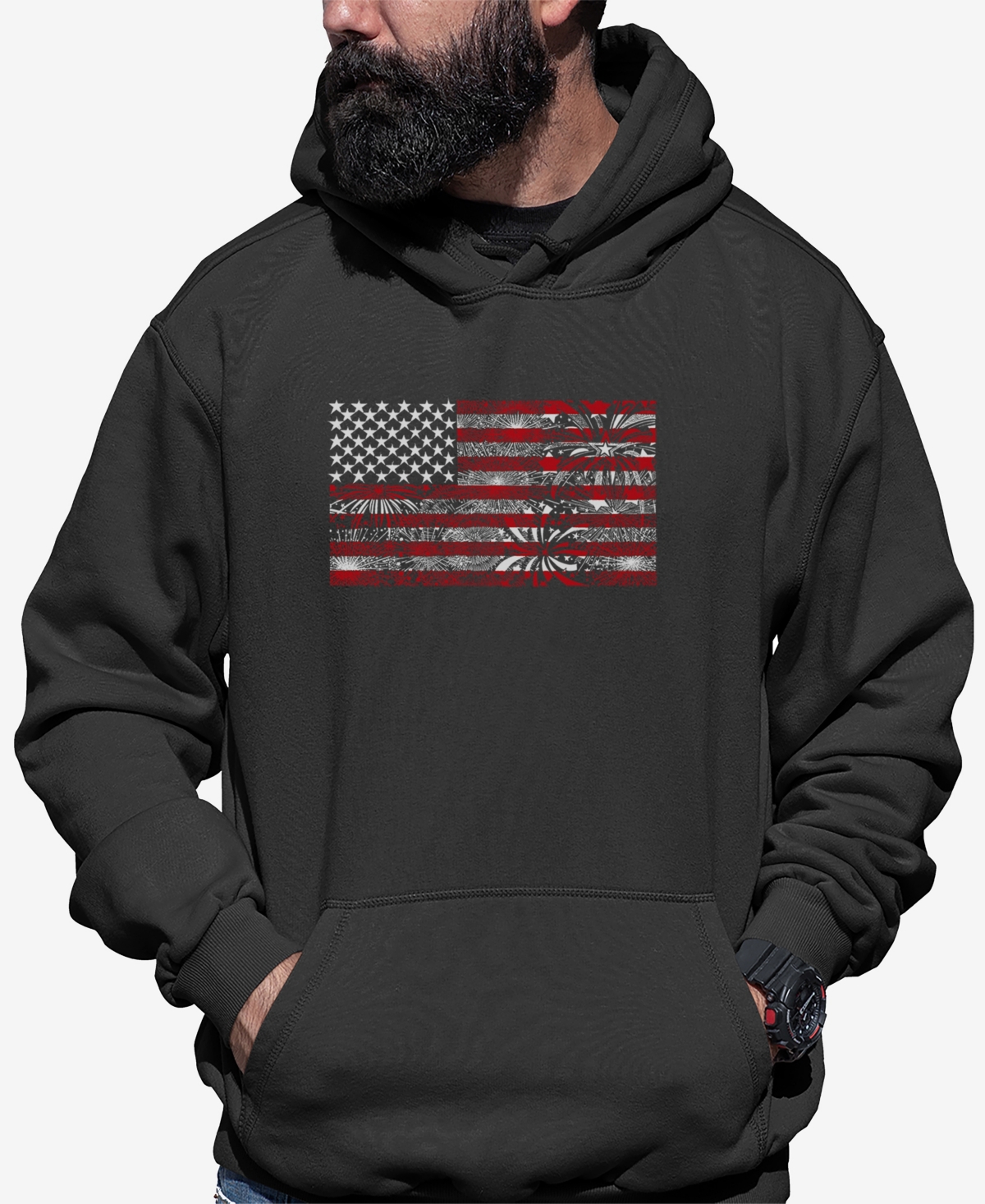 La Pop Art Men's Word Art Hooded American Flag Fireworks Sweatshirt