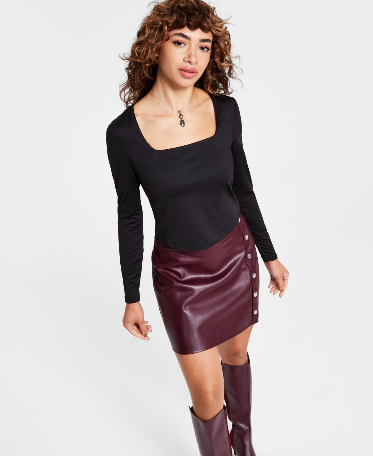 Women's Square-Neck Shine-Knit Top, Created for Macy's - Deep Black