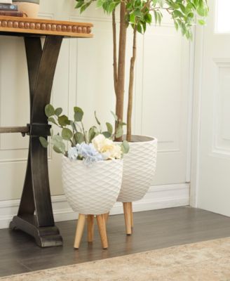 White Ceramic Indoor Outdoor Planter with Wood Legs Set of 2