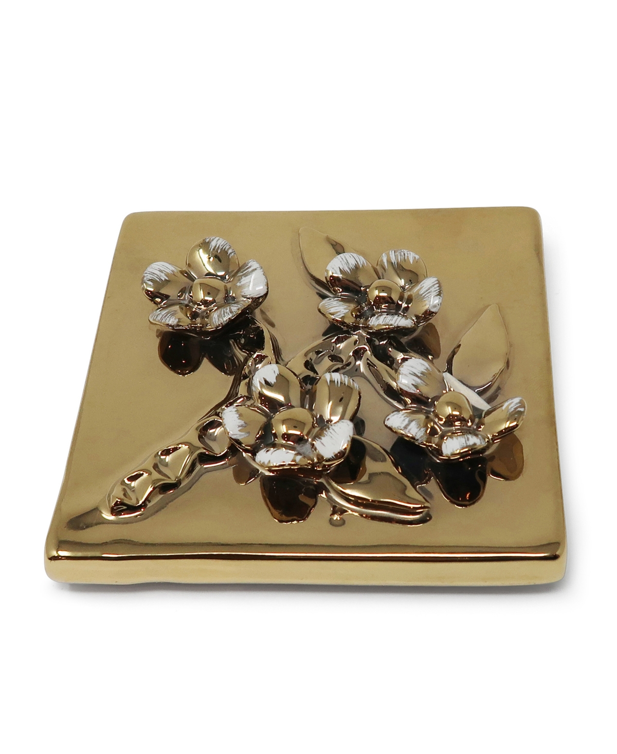 Square Decorative Box with Flower Design on the Lid, L - White