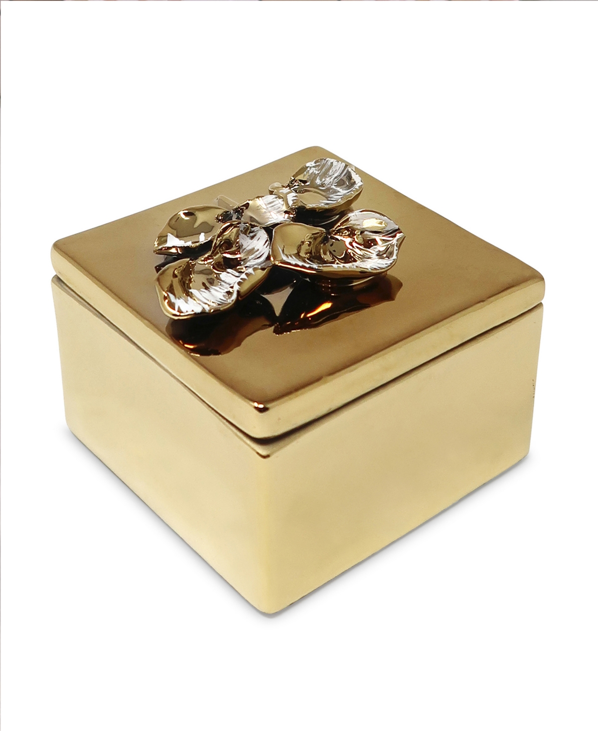 Vivience Square Decorative Box With Flower Design On The Lid, 4" L In Gold/white