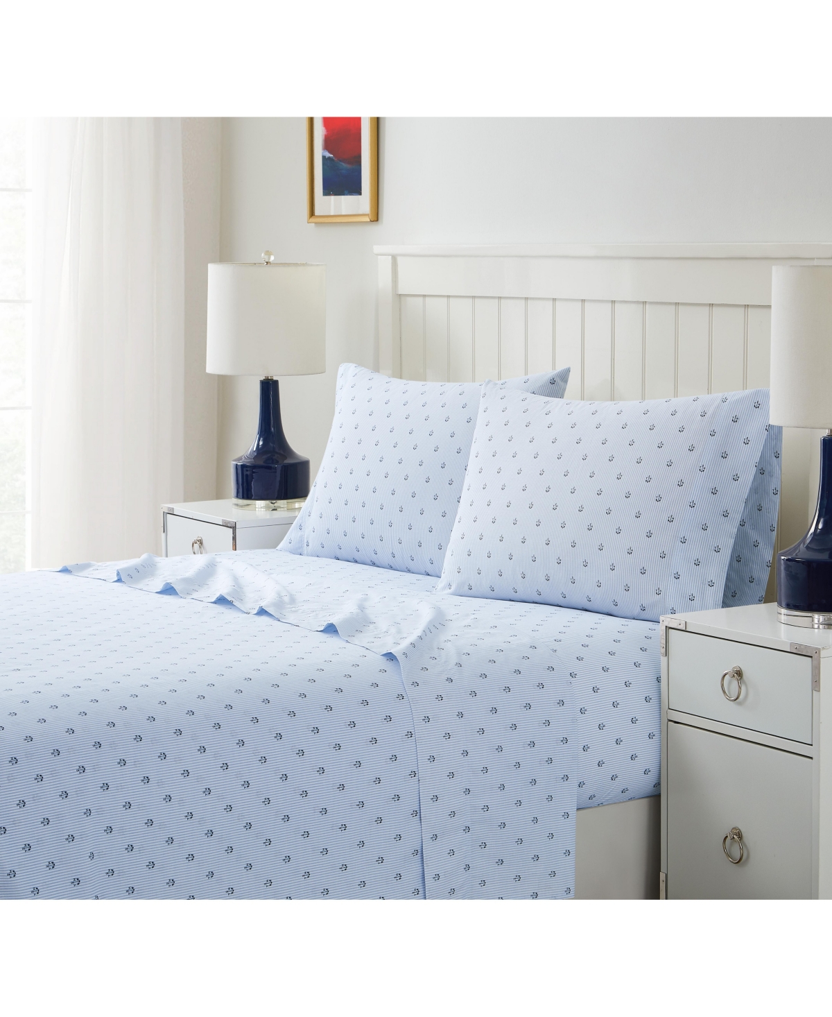 Tommy Hilfiger Ithaca Anchors Cotton 4 Piece Sheet Set, Queen In Blue