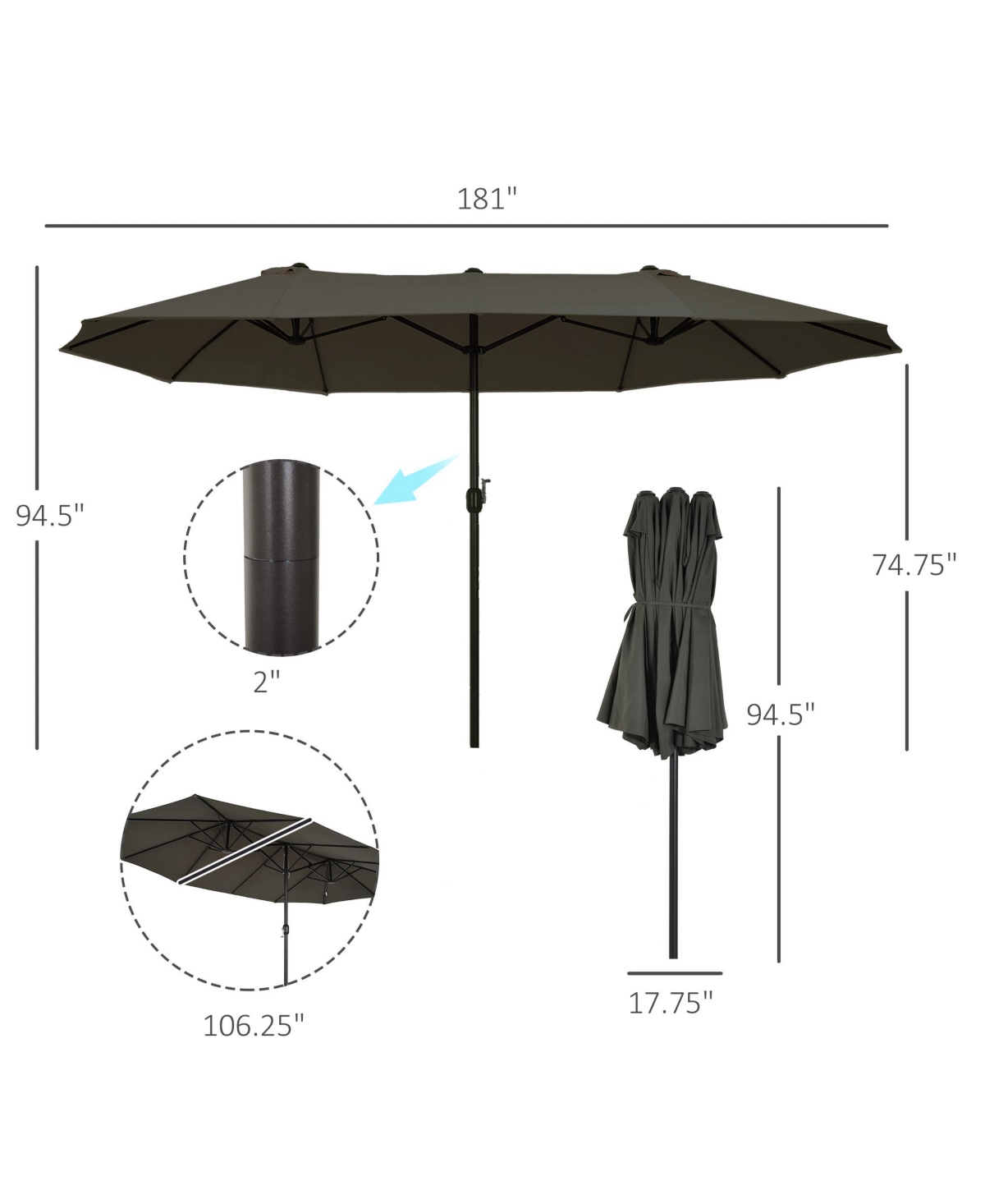 15ft Patio Umbrella Double-Sided Outdoor Market Extra Large Umbrella with Crank Handle for Deck, Lawn, Backyard and Pool, Grey - Grey