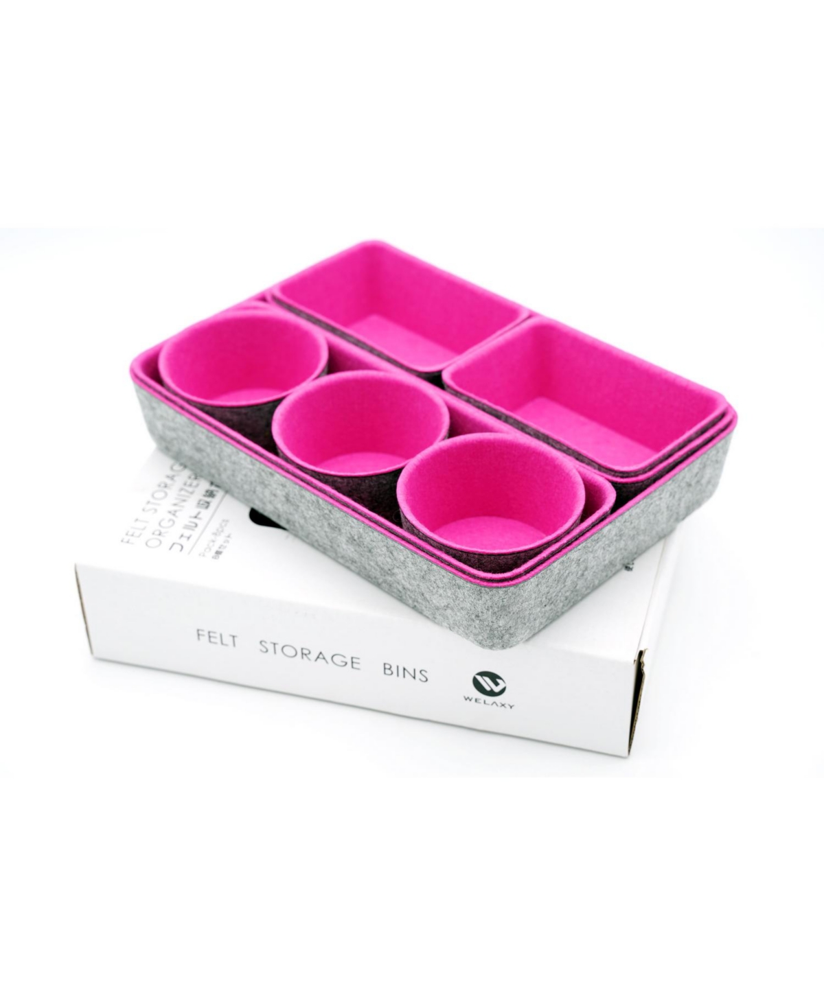 8 Piece Felt Drawer Organizer Set with Round Cups and Trays - Hot Pink