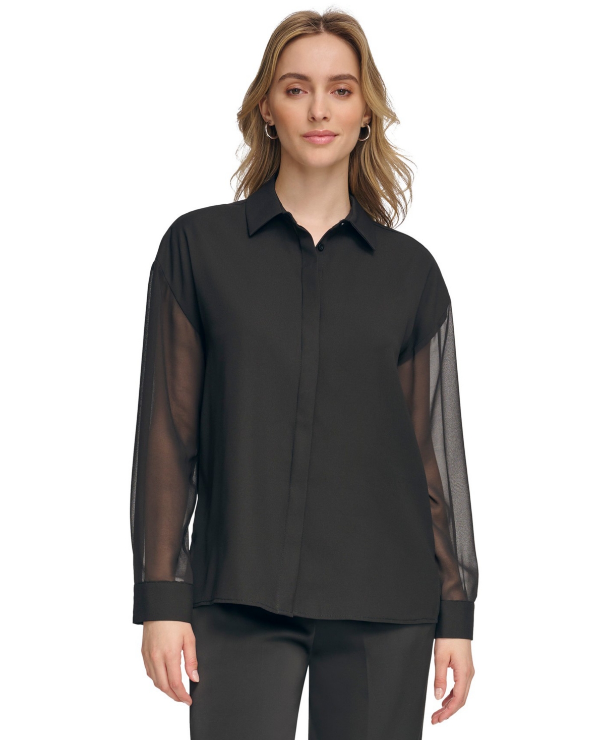 Calvin Klein Women's Chiffon Sleeve Button Down Blouse In Black
