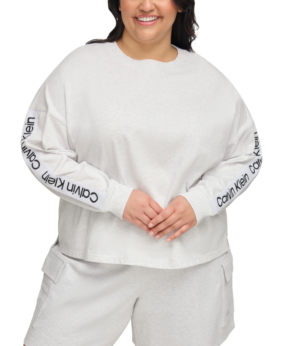 Calvin Klein Performance Plus Size Cotton Logo Tape Long-sleeve Top In Optic Heather