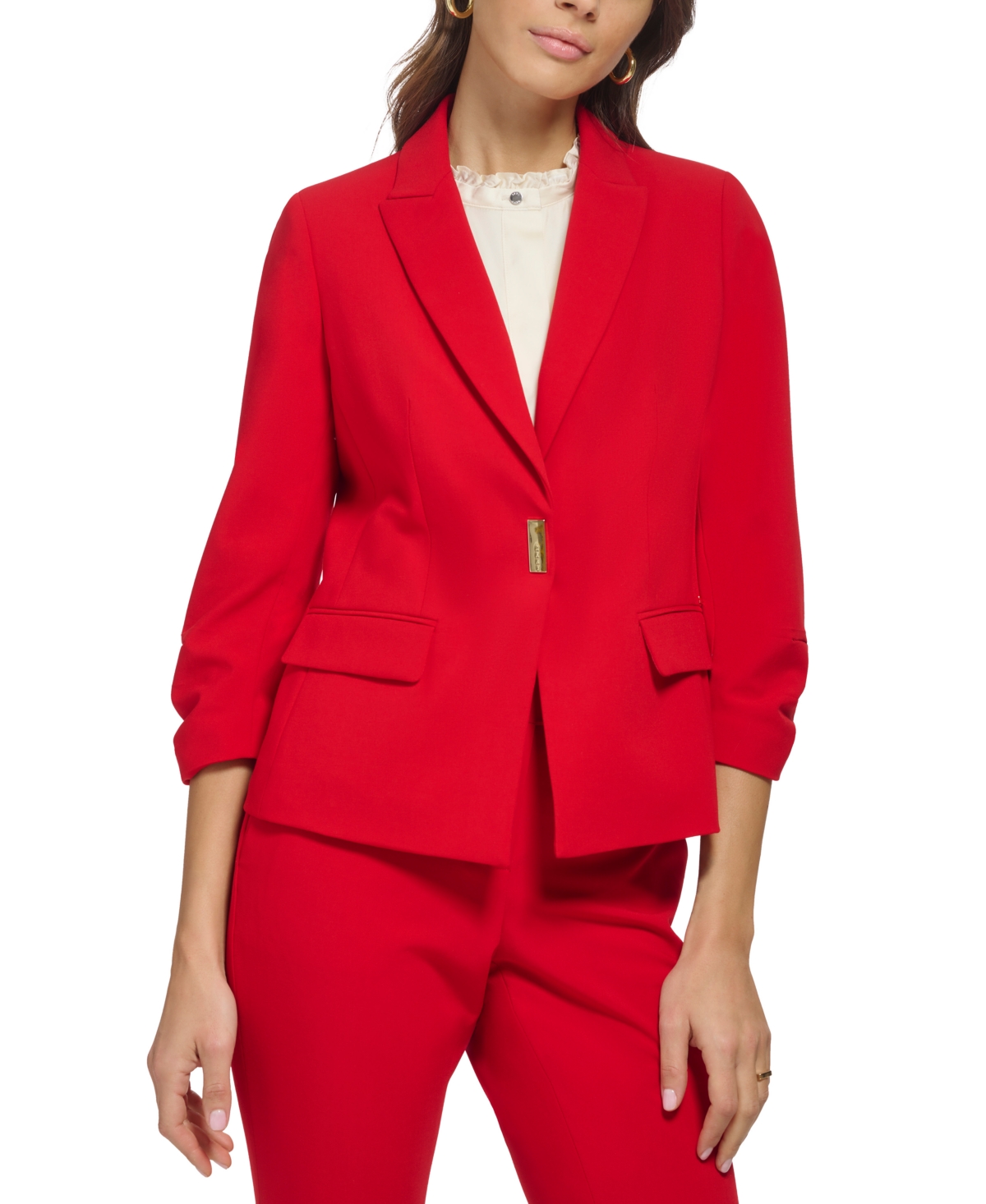 Dkny Petite Ruched-sleeve Logo-clasp Blazer In Scarlet