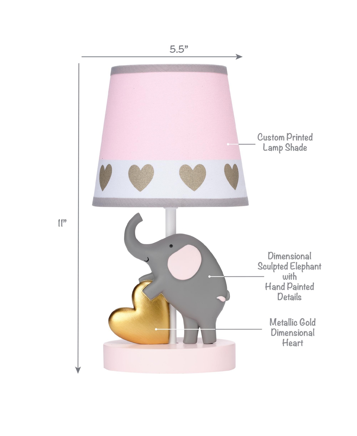 Bedtime Originals EloiseGold Elephant and Heart Lamp & Shade with Bulb - Pink