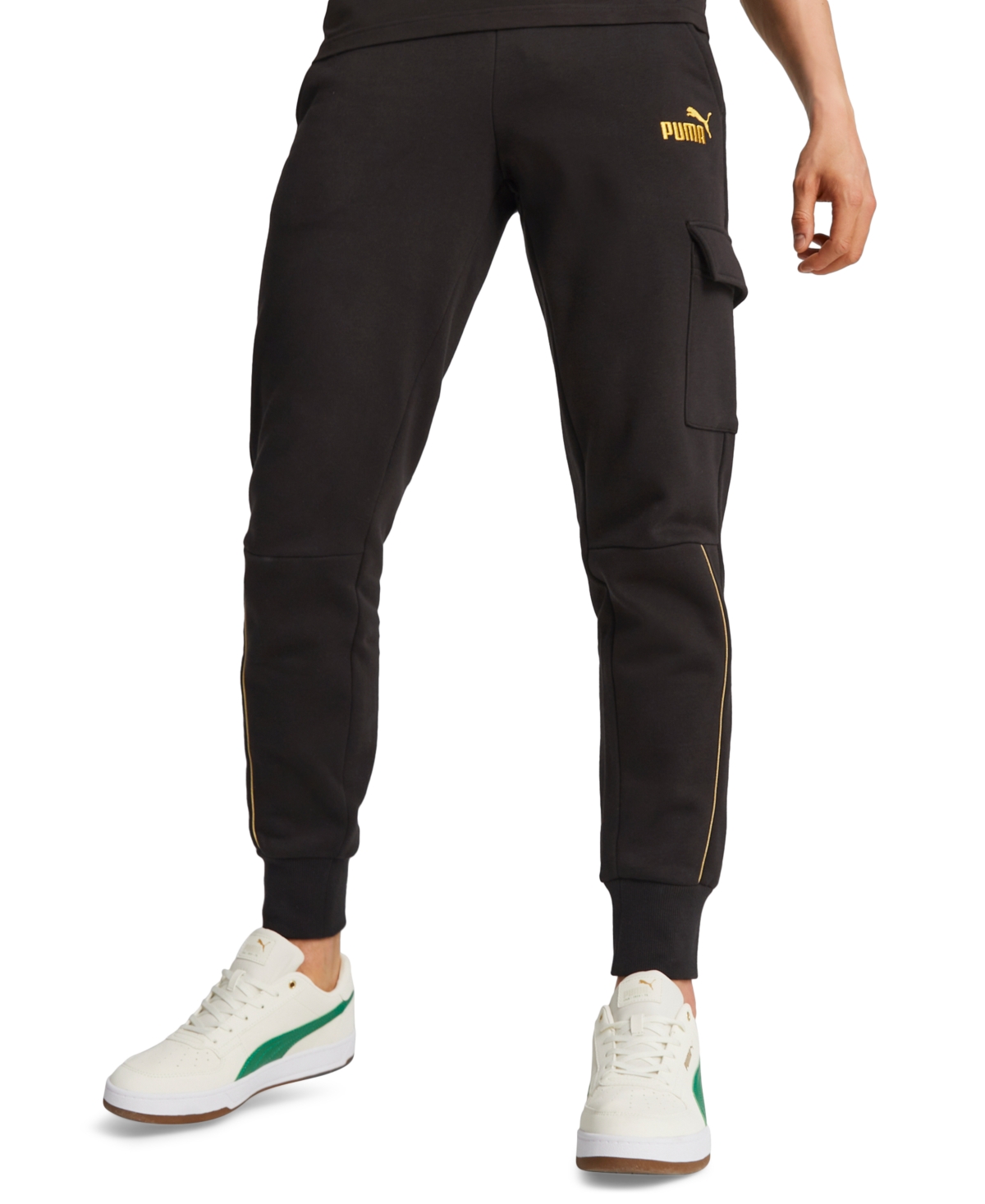 Puma Men's Essentials+ Minimal Metallic Embroidered Logo Fleece Cargo Joggers In  Black