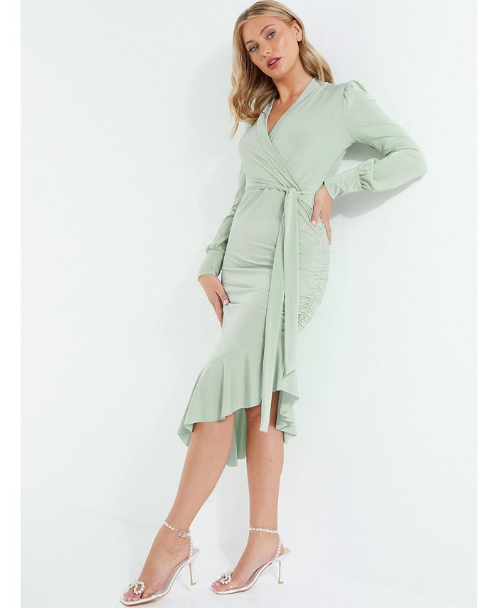 QUIZ Women's Slinky Long Sleeve Wrap Front Frill Midi Dress - Macy's