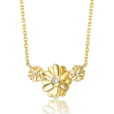 Young Adults/Teens 14k Yellow Gold Plated with -Like Cubic Zirconia Triple Daisy Flower Chevron Pendant Necklace
