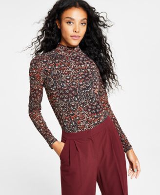 Bar III - Women's Printed Mesh Puff-Sleeve Top