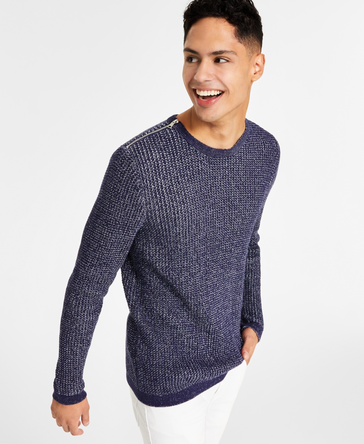 Men's Damien Zip-Trim Crewneck Sweater, Created for Macy's - Basic Navy