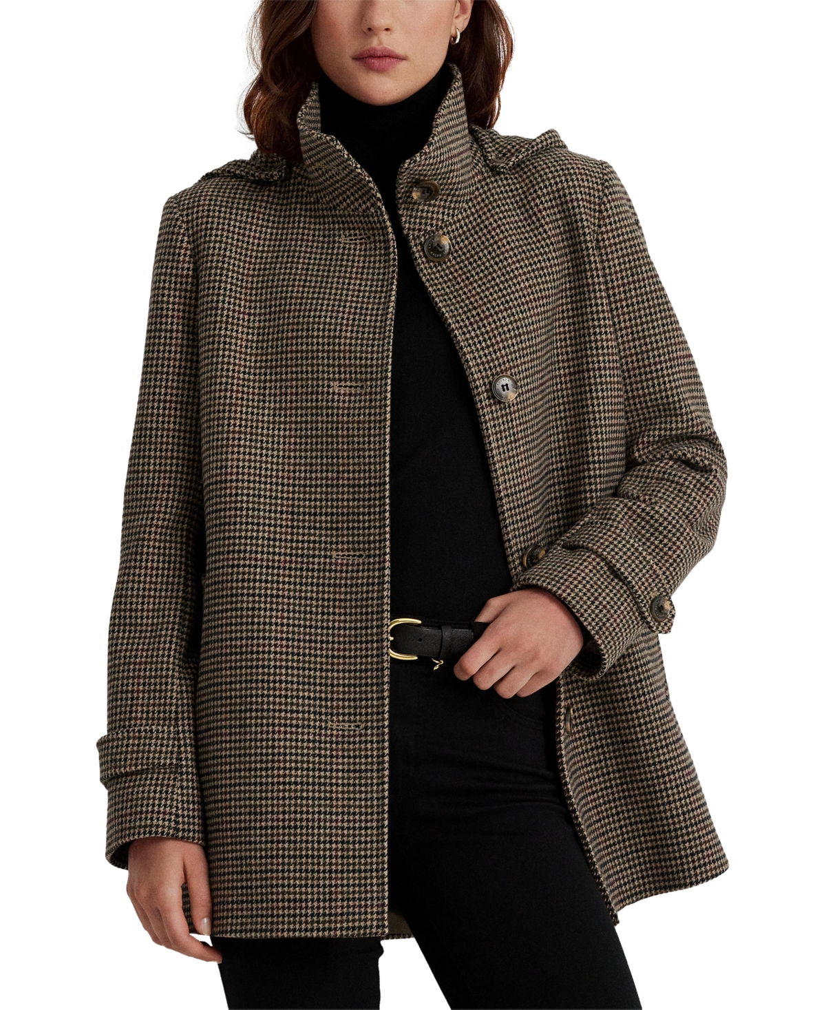 Lauren Ralph Lauren Women's Hooded Wool Blend Walker Coat In Merlot Houndstooth