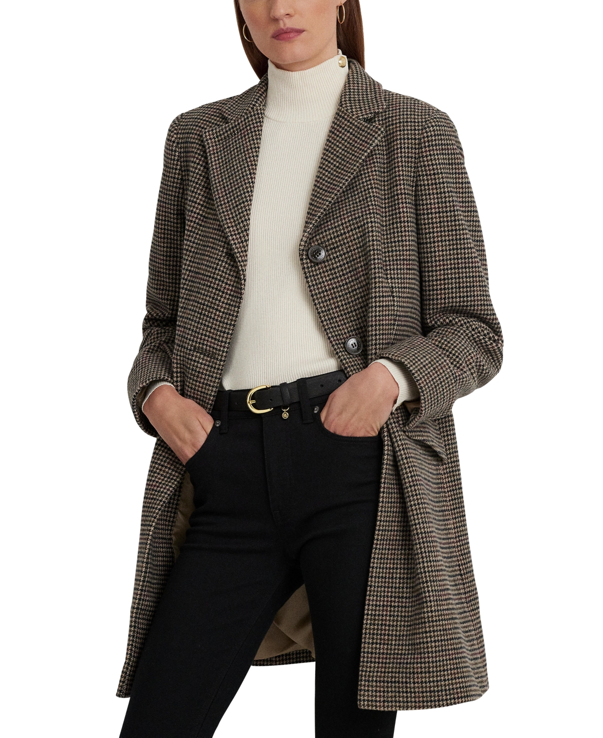 Lauren Ralph Lauren Women's Plus Size Notched-collar Walker Coat In Merlot Houndstooh