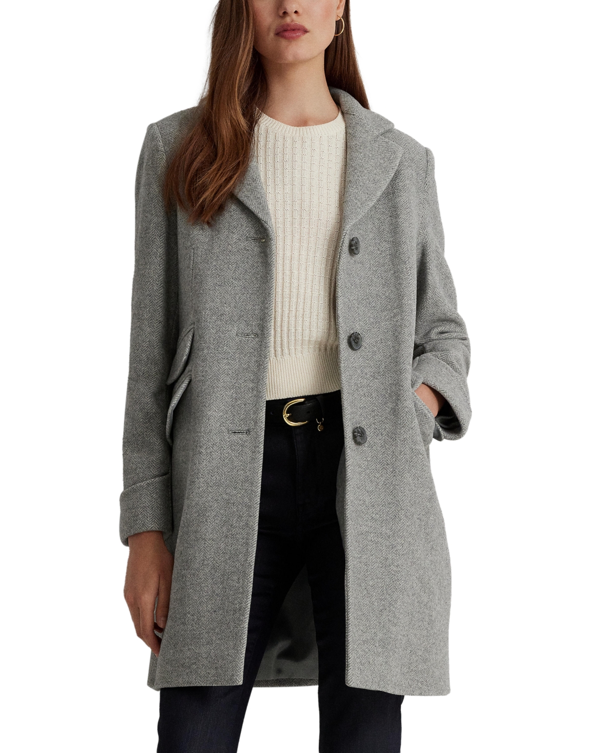 Lauren Ralph Lauren Women's Wool Blend Walker Coat In Light Grey Herringbone
