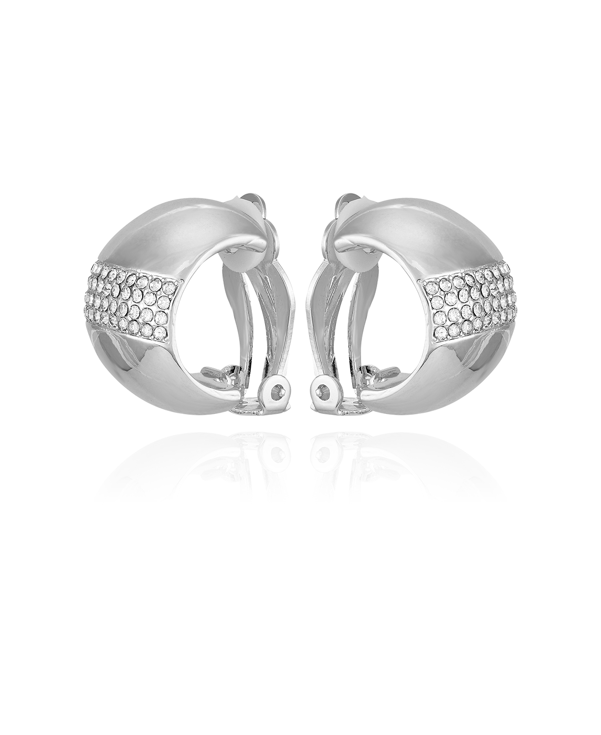 Silver-Tone Glass Stone Huggie Hoop Clip On Earrings - Silver