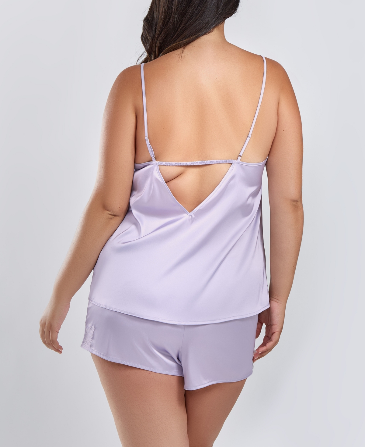 iCollection Plus Size Clara Satin 2 Piece Camisole with Eyelash Lace Pajama Set - Light-Lilac