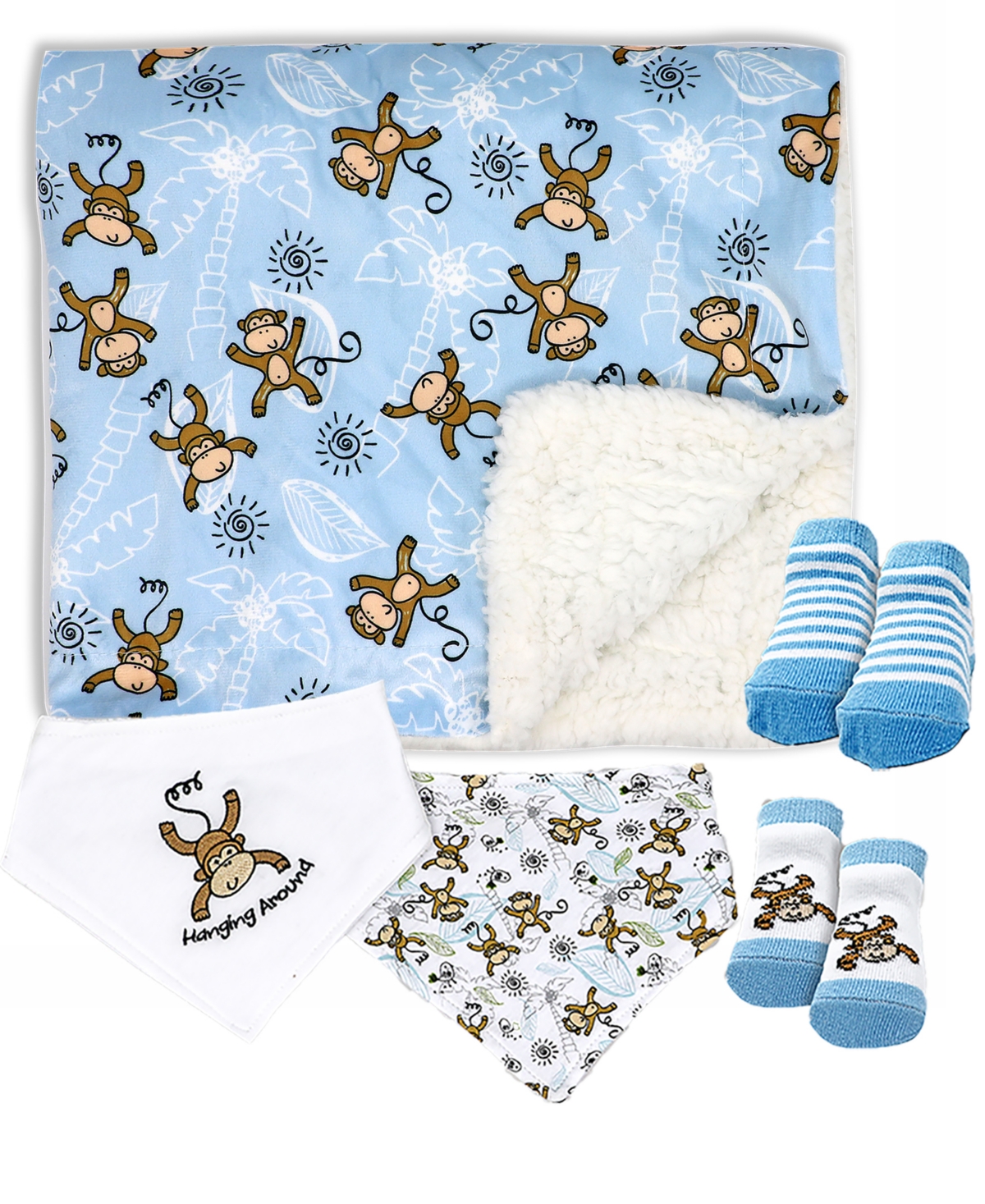 Baby Mode Baby Boys Minky Blanket, Bibs And Socks, 5 Piece Set In Light Blue Monkeys