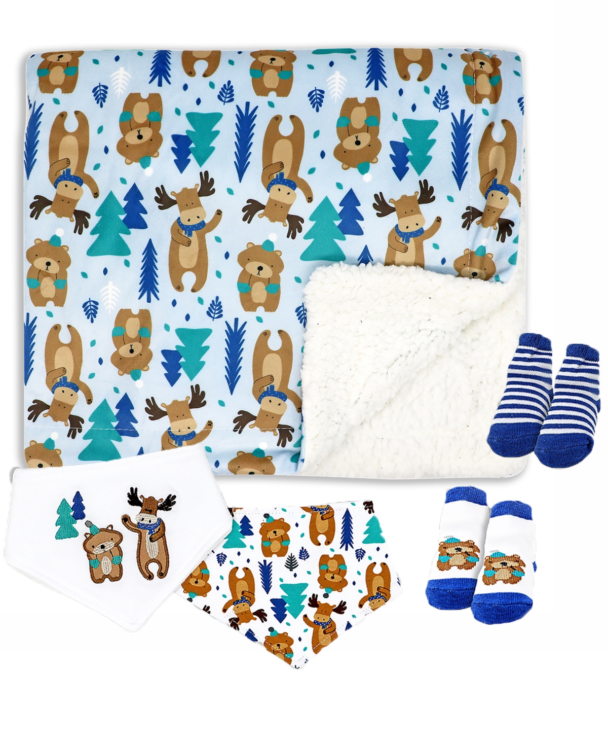 Baby Mode Baby Boys Minky Blanket, Bibs And Socks, 5 Piece Set In Blue Moose