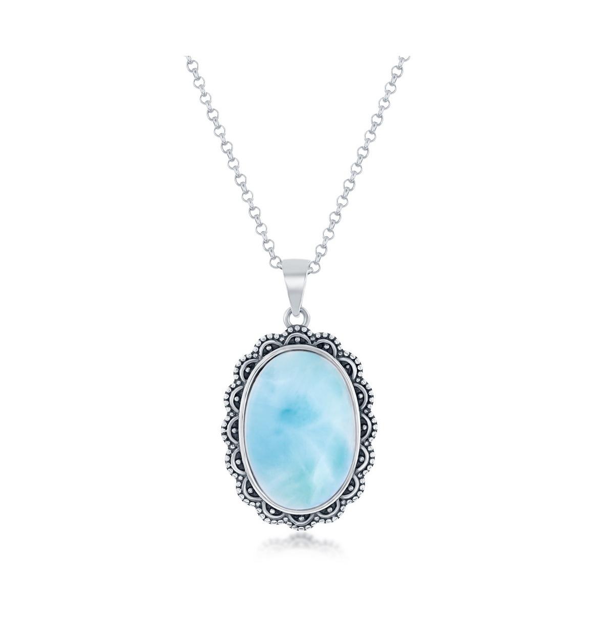 Sterling Silver Oval Larimar Filigree Design Oxidized Necklace - Blue