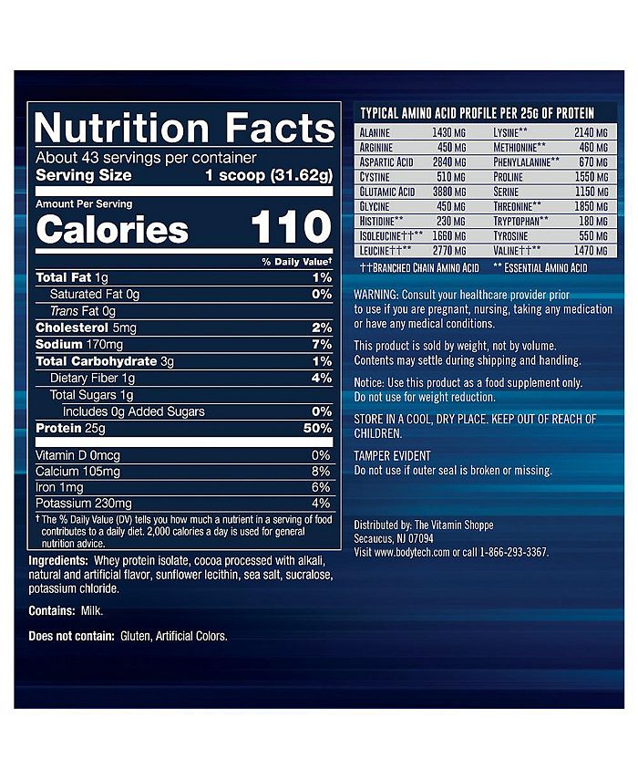 BodyTech Whey Protein Isolate Powder Rich Chocolate (3 lbs./43