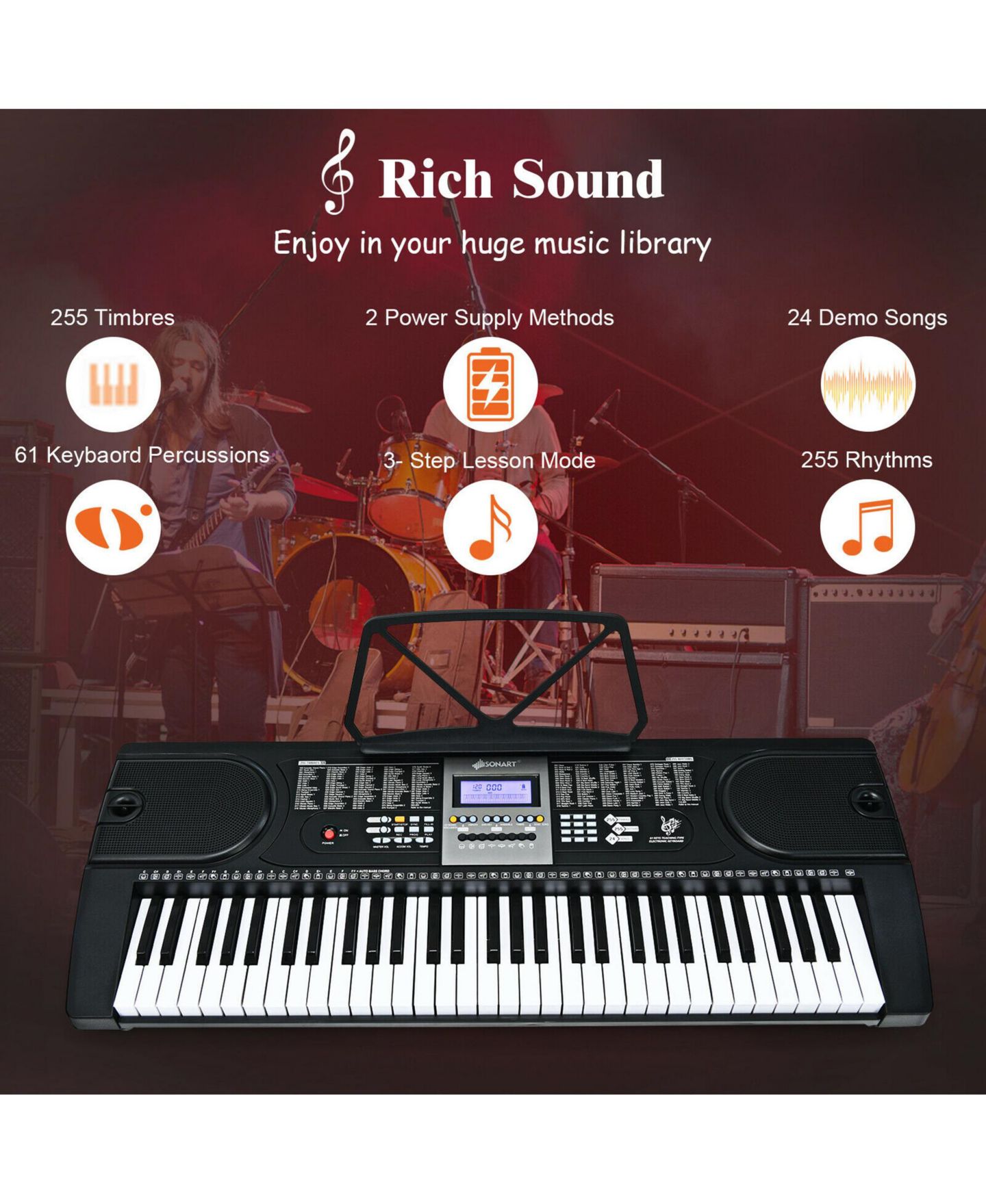 Детские игрушки Costway Sonart 61-Key Electronic Keyboard Piano Music Learning 8-Piece Set, Ages 5+ — фото 2