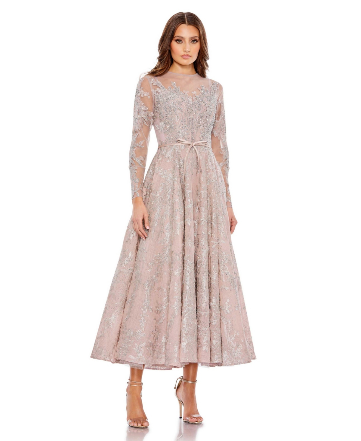 Mac Duggal Embellished Bow Belt Illusion Long Sleeve A Line Dress In Rose