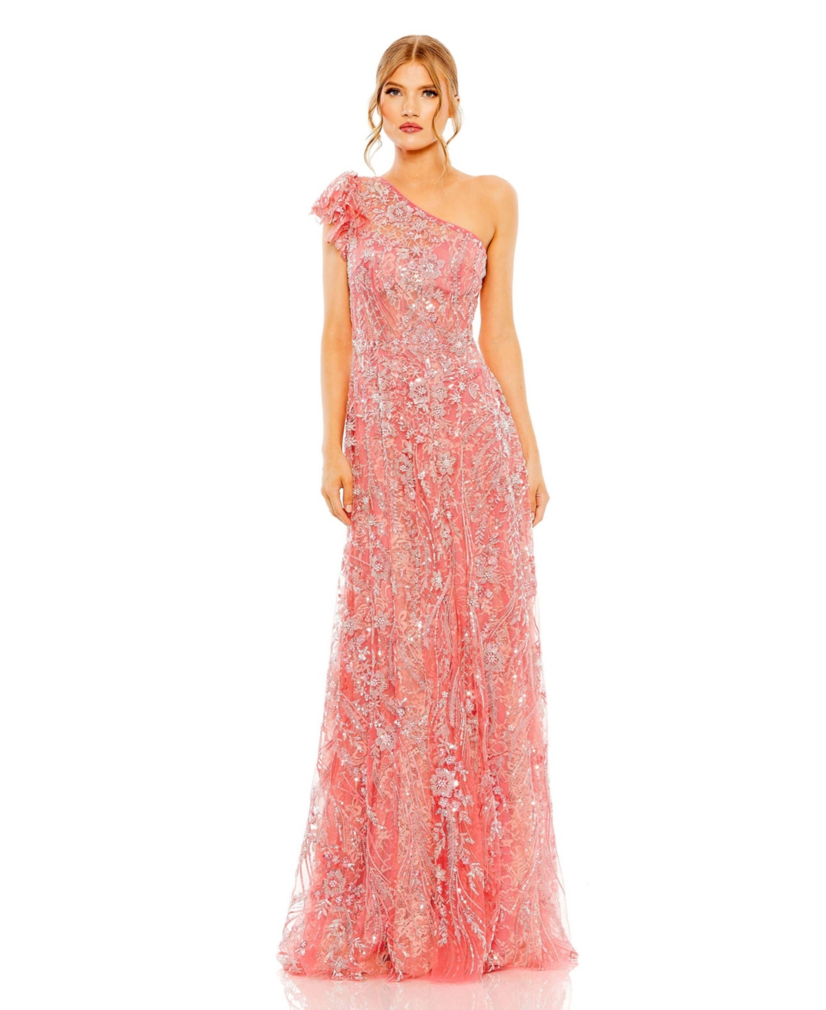 Vintage Evening Dresses, Vintage Formal Dresses Womens One Shoulder Flutter Sleeve Embellished Gown - Coral $698.00 AT vintagedancer.com
