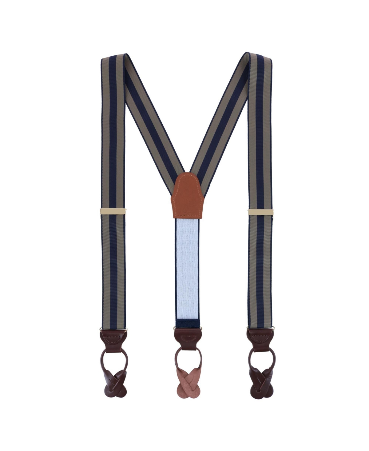 Trafalgar Men's Balint 38MM Striped Non Stretch Grosgrain Ribbon Button End Suspenders - Khaki and navy