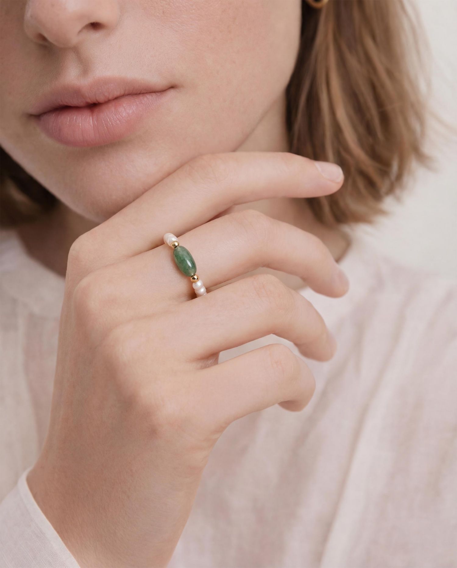 Isa Jade and Beaded Pearl Stretch Ring